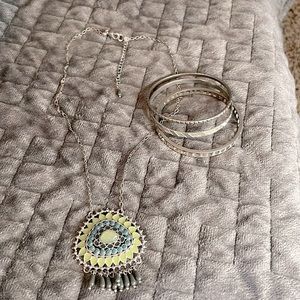Lia Sophia Boho Eucalyptus Dream Catcher long silver necklace Bangle Bracelets